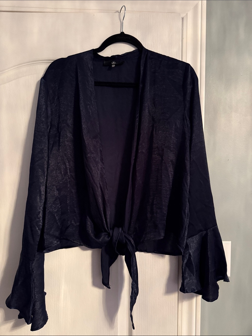 Missguided Black Tie-Front Satin-Look Blouse with Flared Sleeves